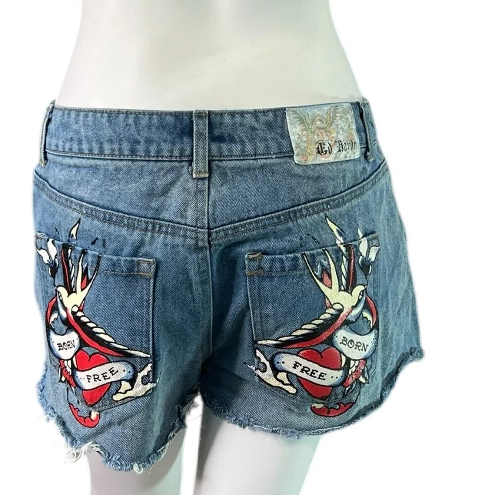 Ed Hardy Denim Cut Off Jean Shorts Born Free Swallow Size Medium